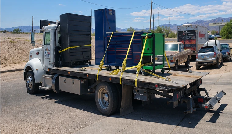 Advance 24/7 flatbed carrying secured commercial equipment