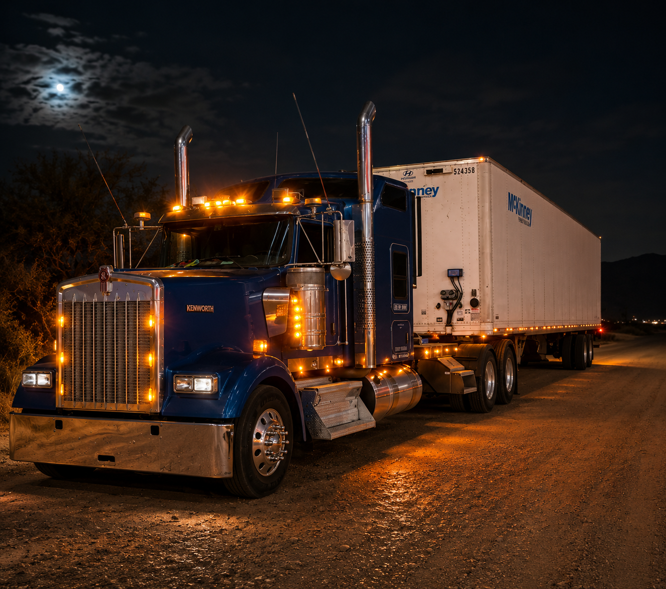 Blue Kenworth commercial truck illuminated at night